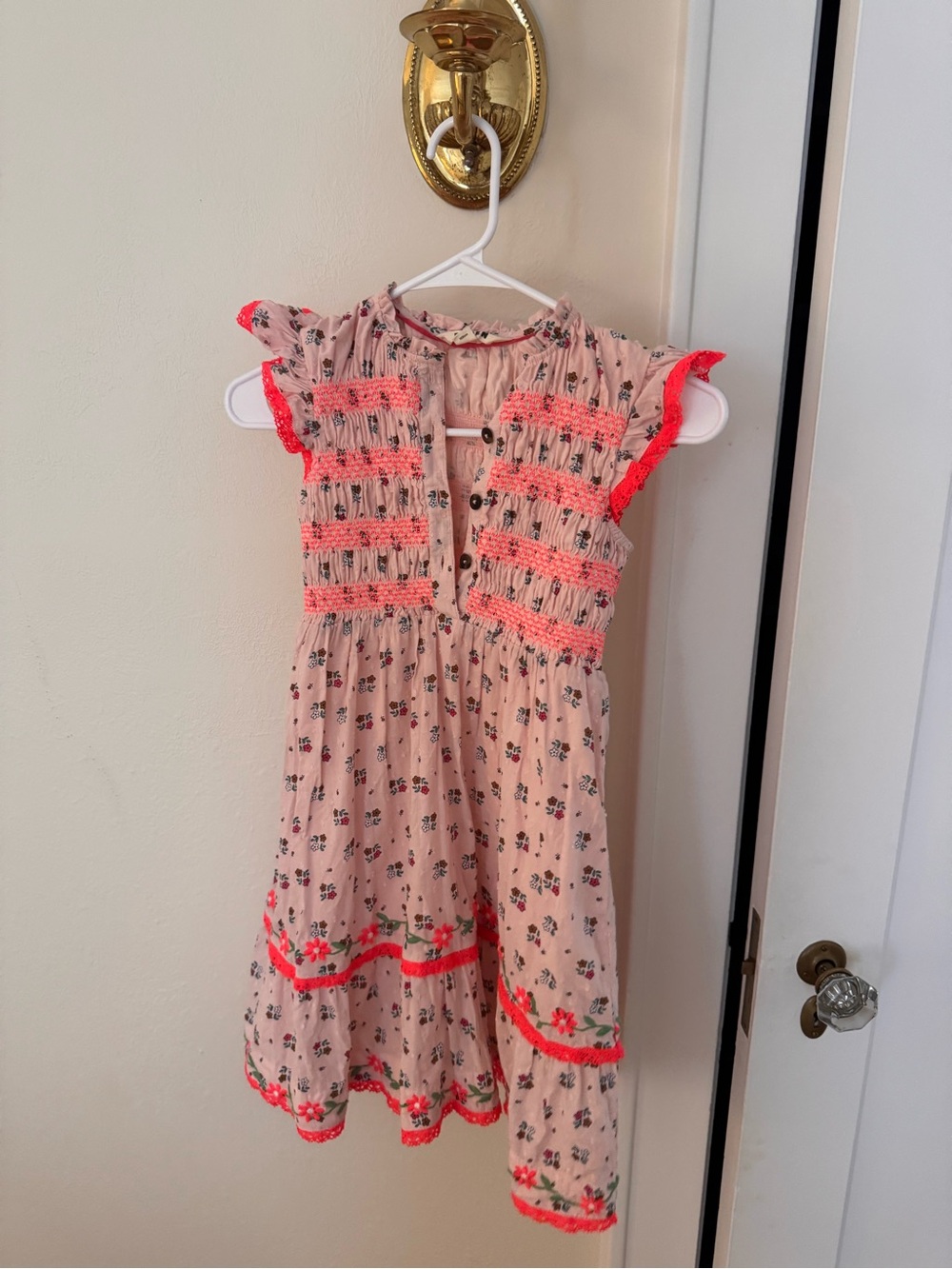 Boden Pink Floral Dress with Neon Coral Trim